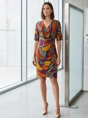 JBS Geometric Mod Wrap Dress Business Minimalist Abstract Print Sheath M/L